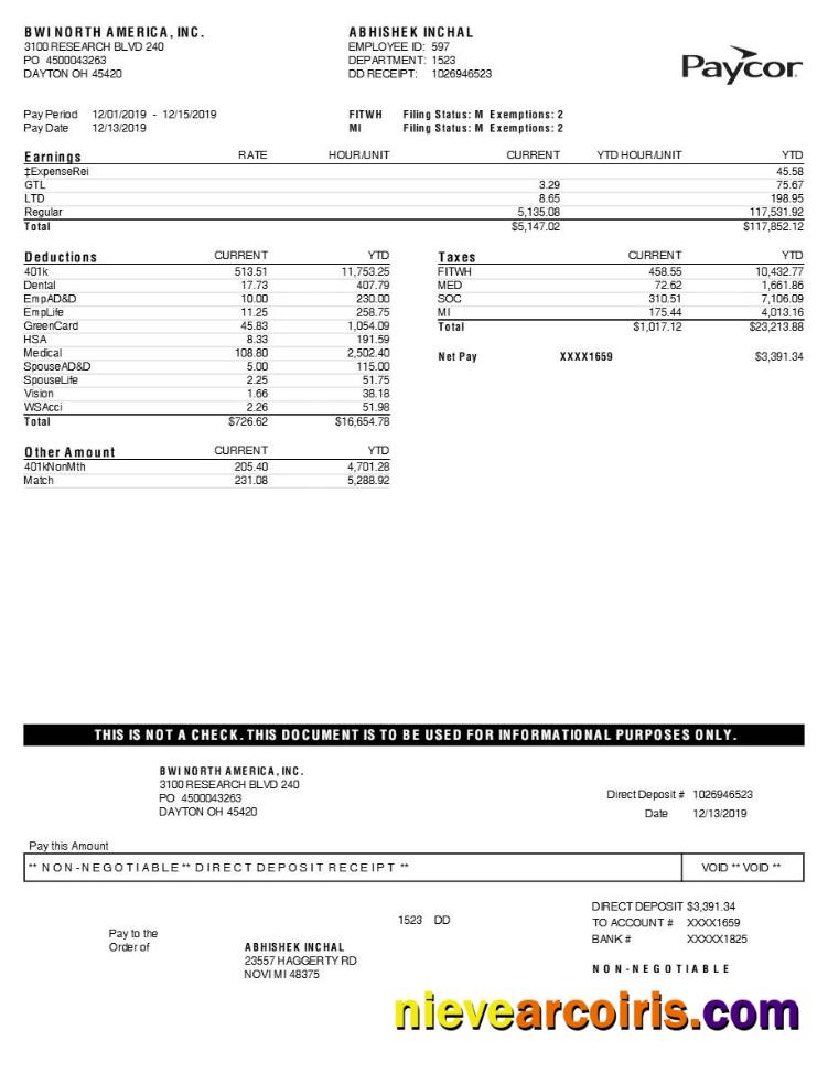 Paycor BWI NORTH AMERICA, INC. earnings statement